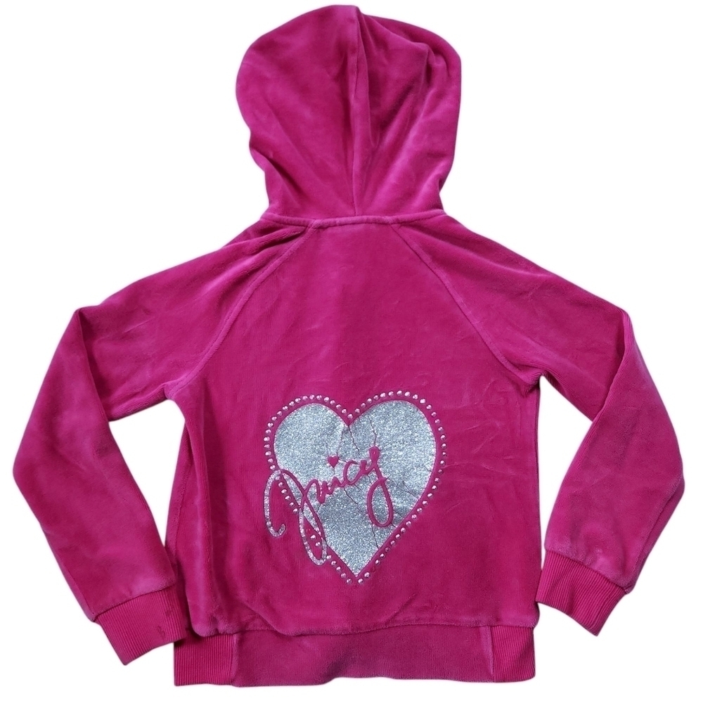 2010s Juicy Couture Velvet Velour Hot Pink Bling Rhinestone Zip Up Hoodie sz 7